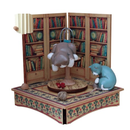 Collectible wooden music box, with two cats playing with a bird and with a wood ball. Gift for children and adults.
