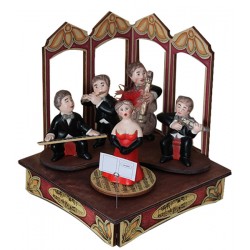 Collectible wooden music box, an orchestra, with 4 musician (flutist, pianist, double bass player and violinist) and a singer.